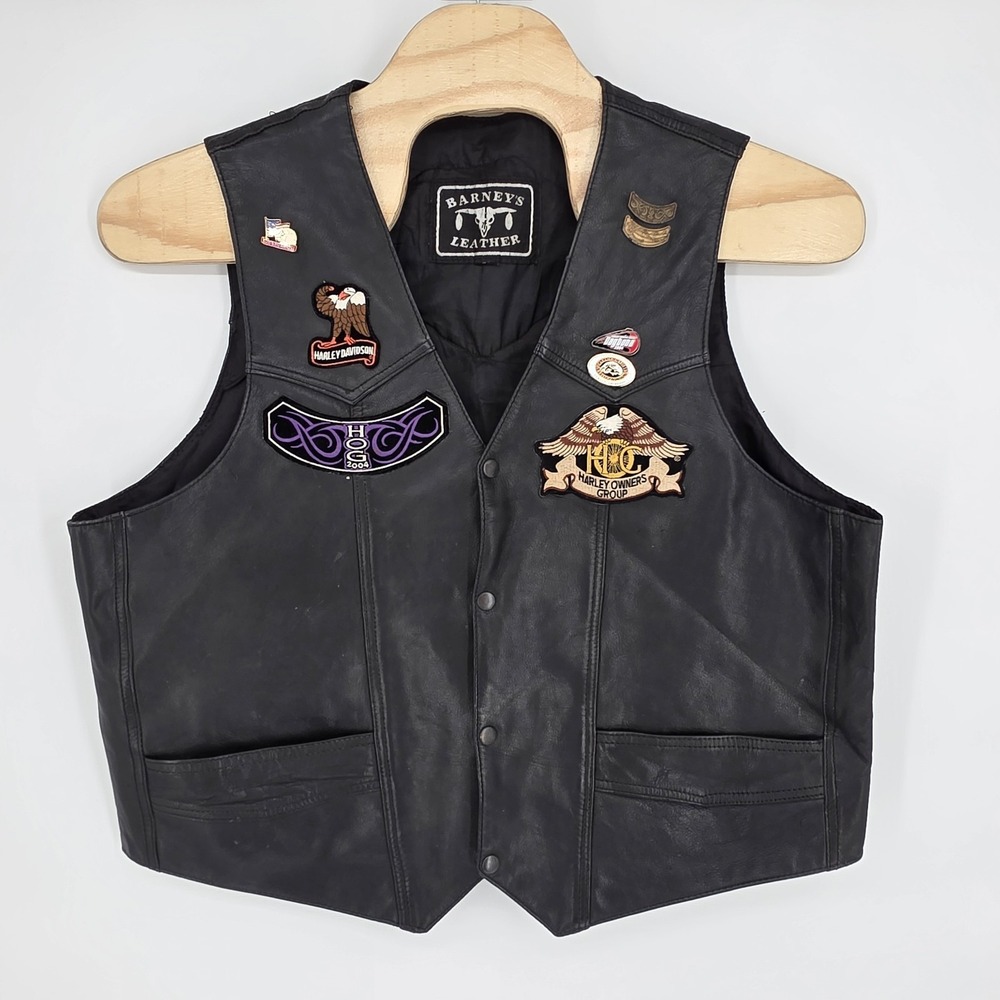 Barney's Leather Biker Vest XL 2XL Black Harley Davidson Patches Pins Motorcycle